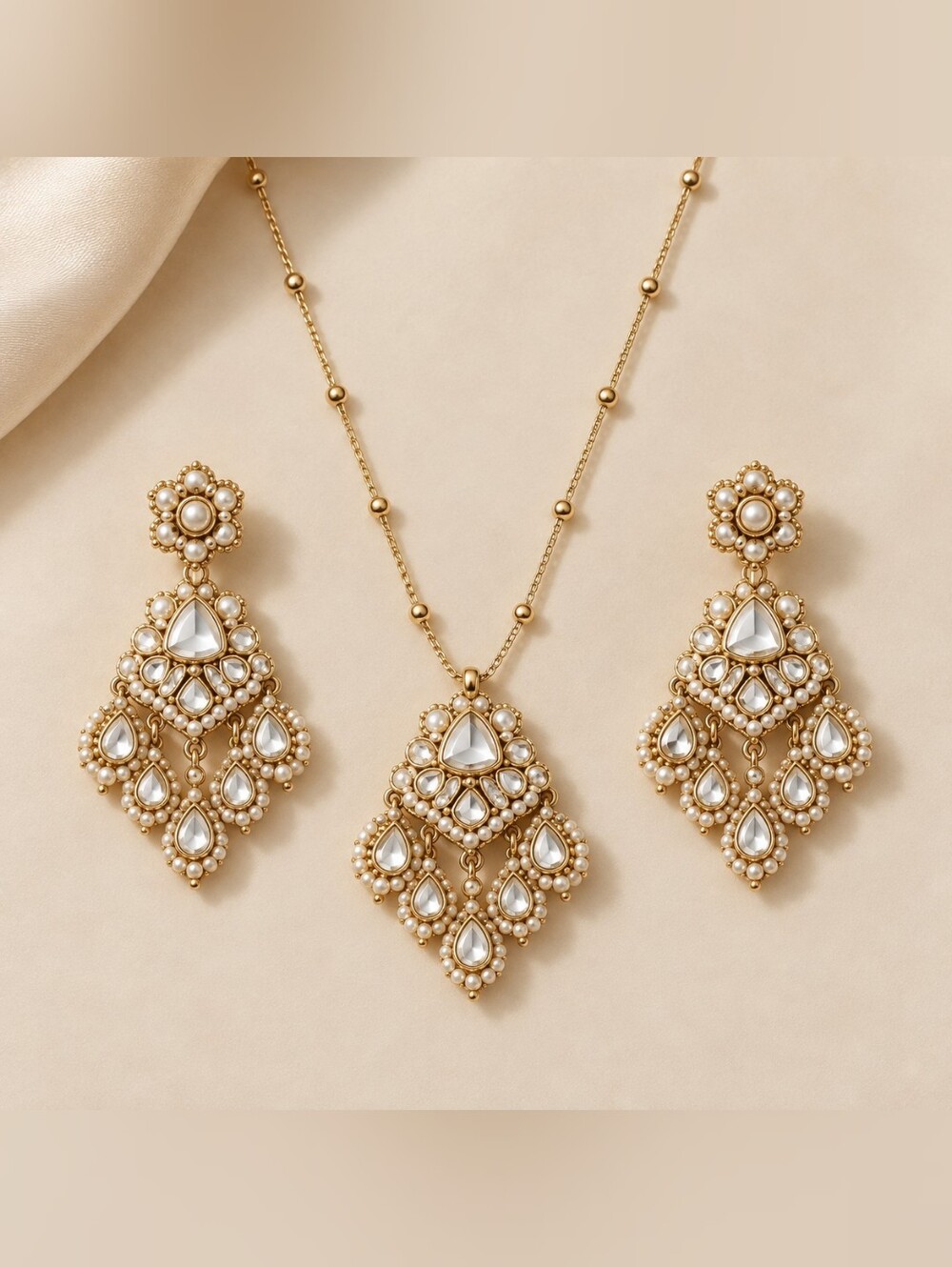 Gold Tone Polki Pendant Necklace & Chandelier Earrings Set